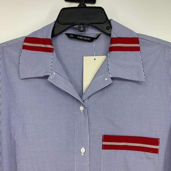 Zara Shirt Poplin Blue Stripe Button Down Roll Tab Sleeve Top - Picture 3 of 12